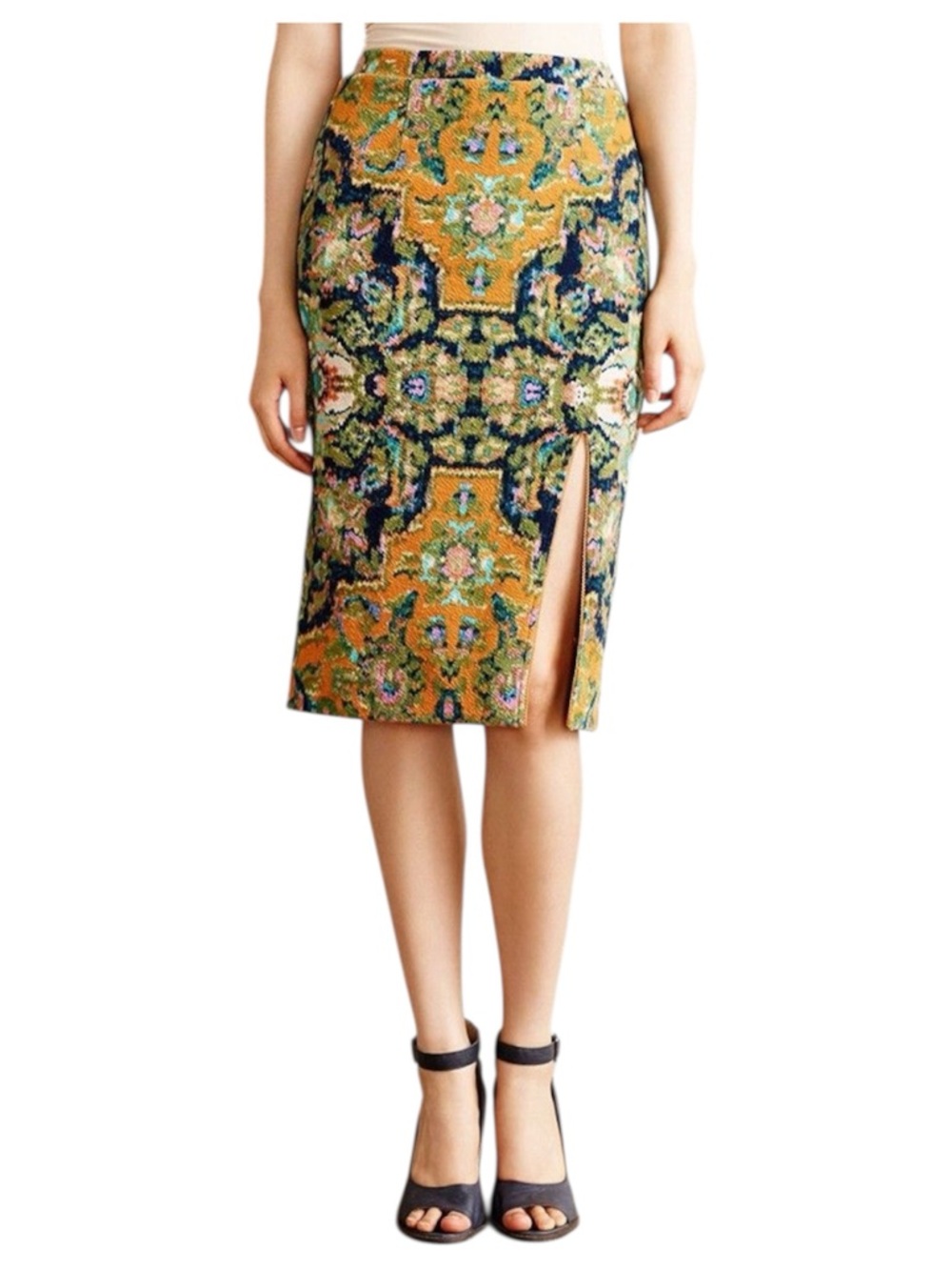 Maeve Anthropologie Tapestry Print Midi
Pencil Skirt Slit Yellow Bohemian Large